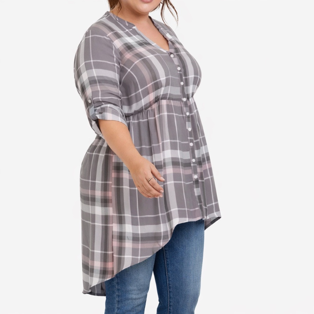 Plus Size Gray Plaid Button-Front Tunic Top